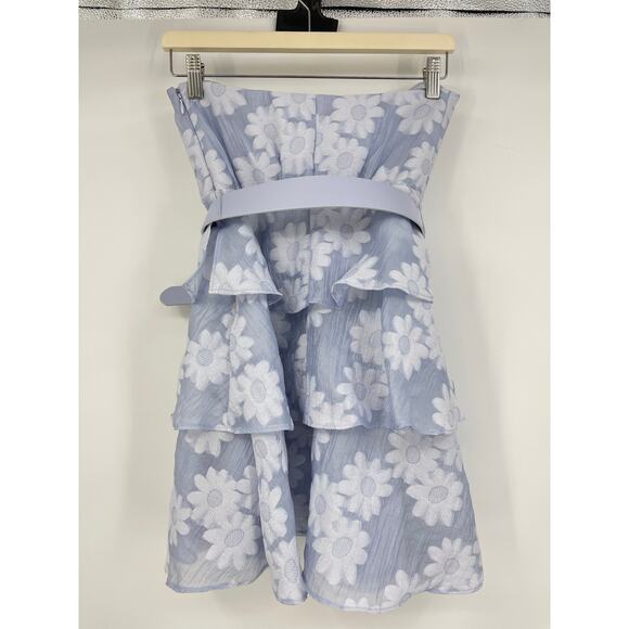 MAJORELLE | Andrea Mini Dress in Powder Blue Floral Jacquard Crystal Belt XS - Picture 4 of 13